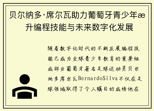 贝尔纳多·席尔瓦助力葡萄牙青少年提升编程技能与未来数字化发展