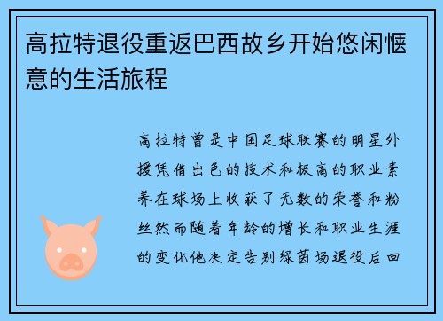 高拉特退役重返巴西故乡开始悠闲惬意的生活旅程
